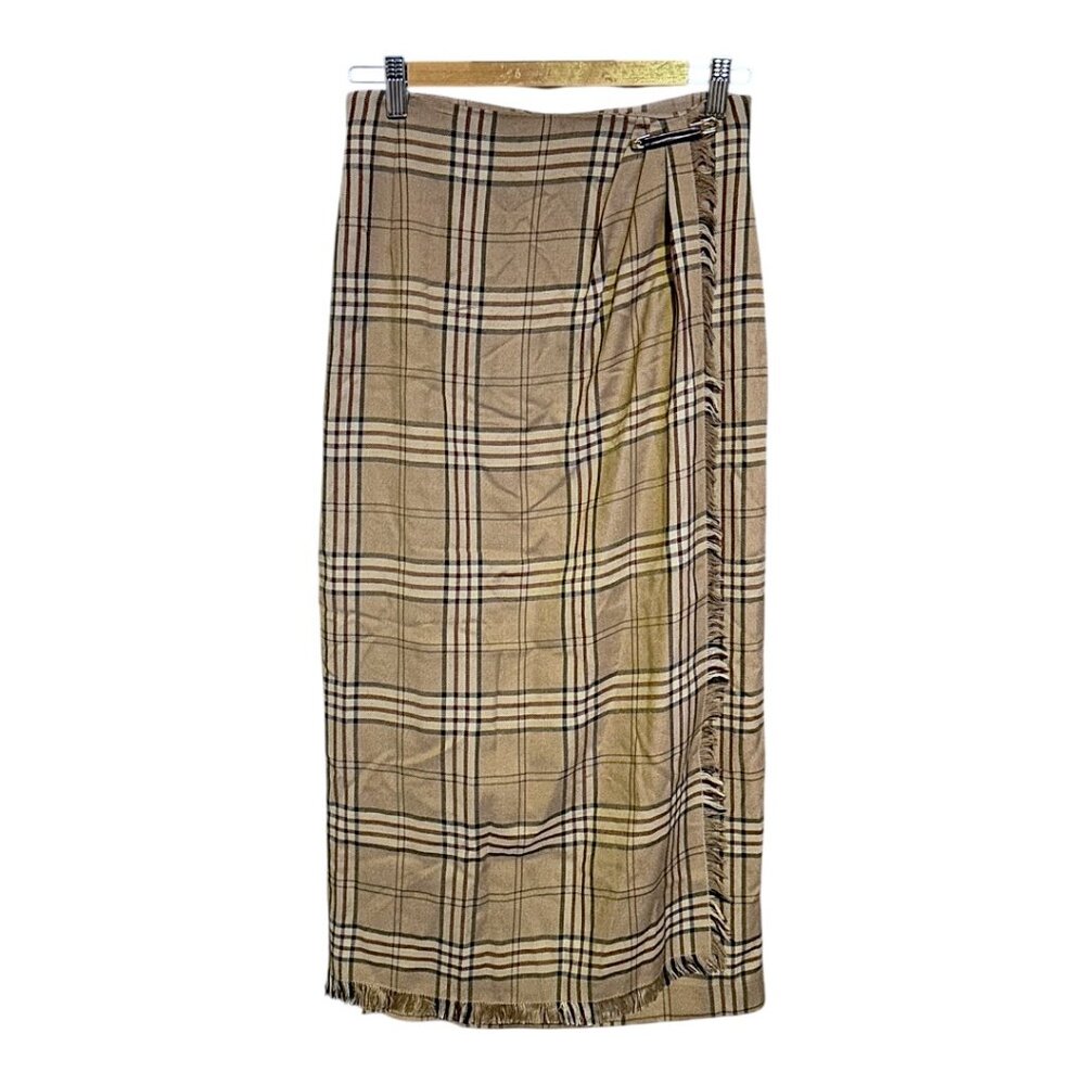 Liz Claiborne Vintage Wool Blend Frayed Hem Plaid Pencil Skirt Fully Lined